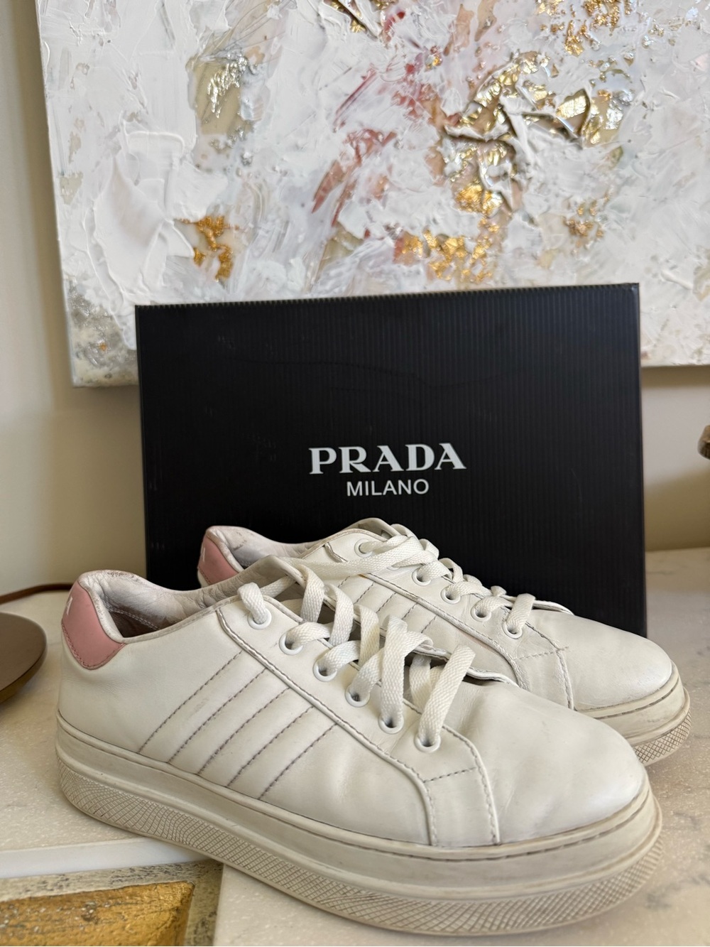 PRADA White & Blush Pink Leather Low-Top Sneakers – Size 38
